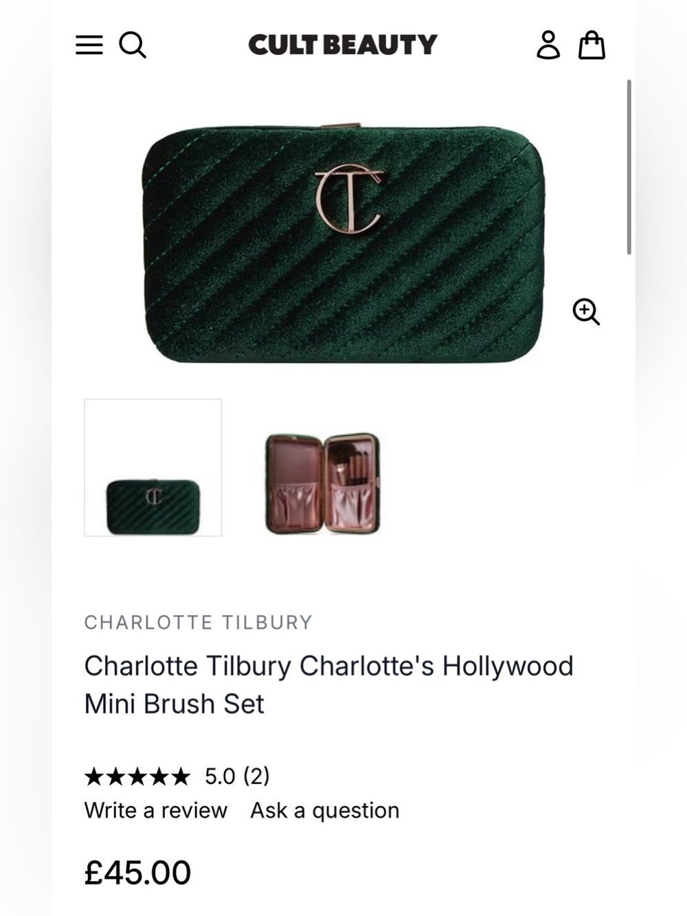 CHARLOTTE TILBURY MINI BRUSH SET in a GREEN VELVET CLUTCH - BRAND NEW in Plastic - Picture 3 of 17